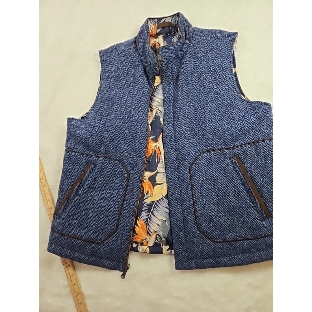 Tommy Bahama Reversible Puffer Vest Blue Herringbone Tropical Floral  XL‎ Layer